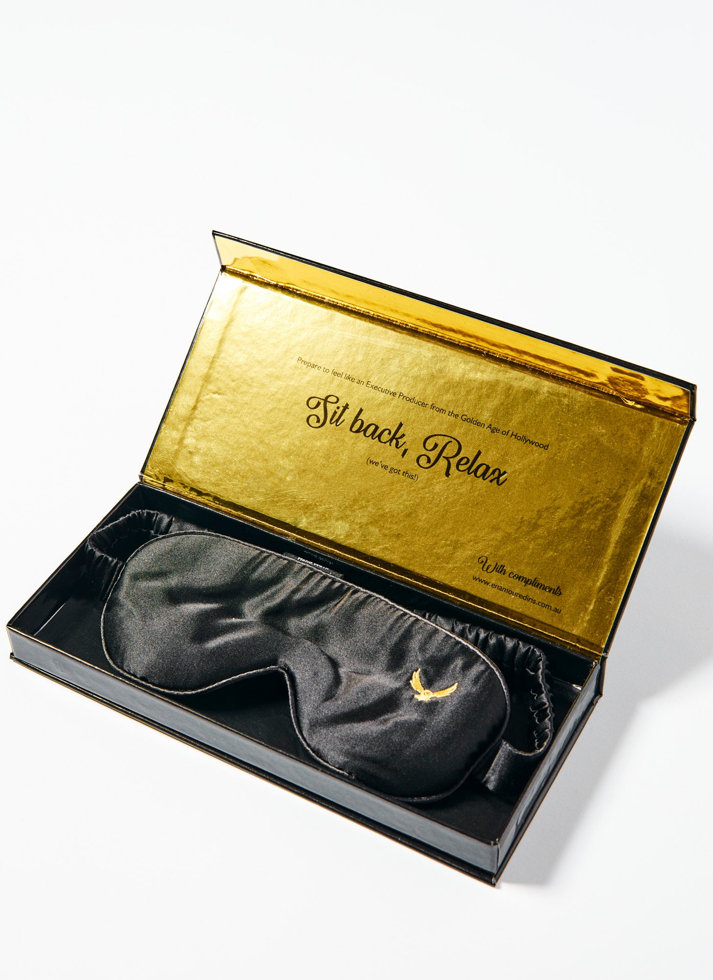 A luxurious, 100% silk black eye mask in a box from Melbourne video production company Enamoured Iris